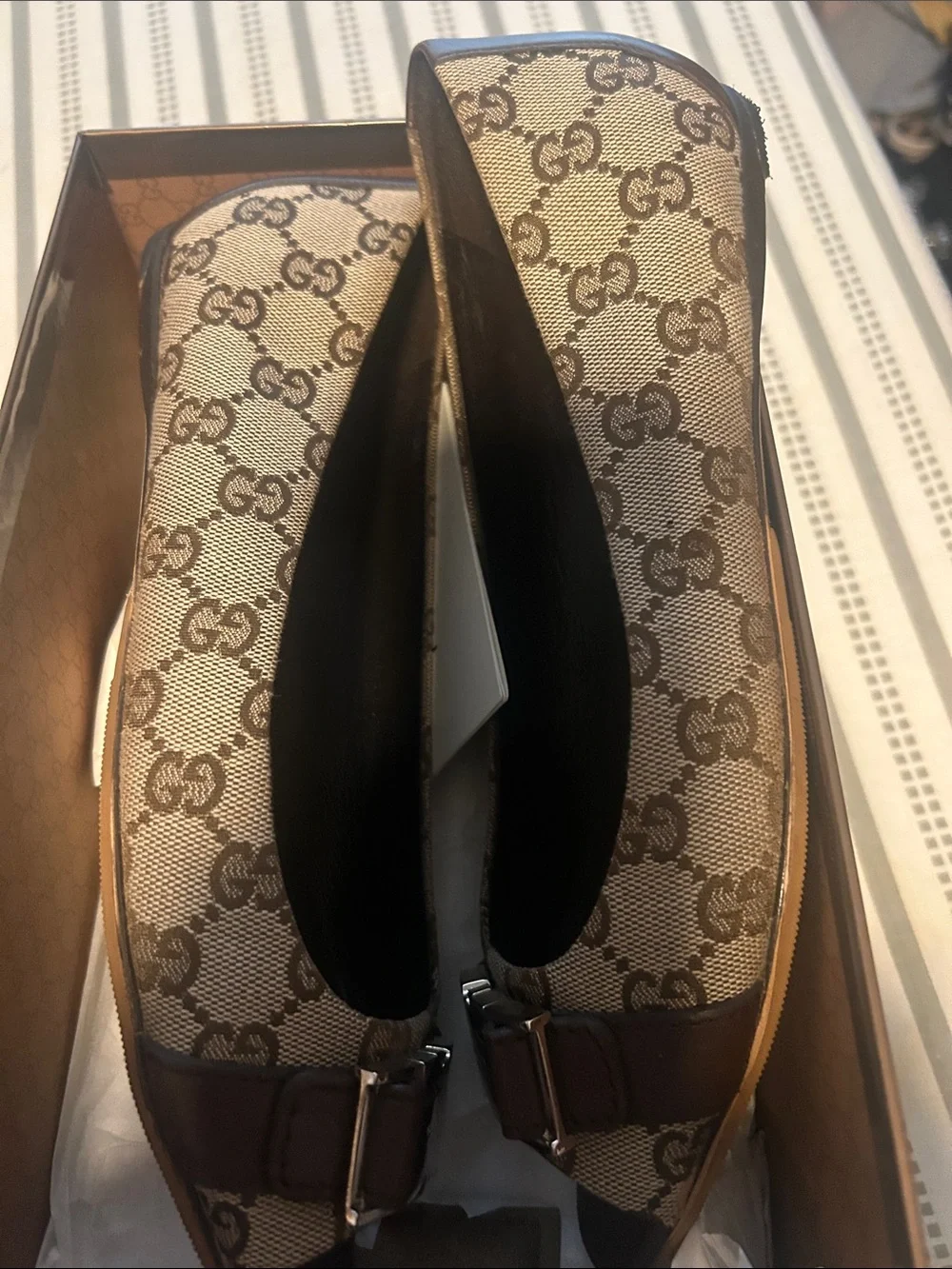 Gucci Vintage Beige Brown GG Canvas Peep-Toe Flats with Brown Leather Trim